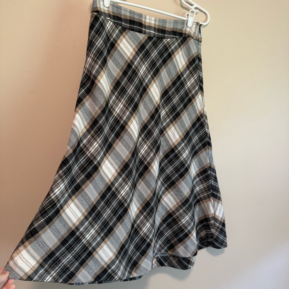 East 5th Plaid Midi A-Line Skirt - Black, Gray & Tan